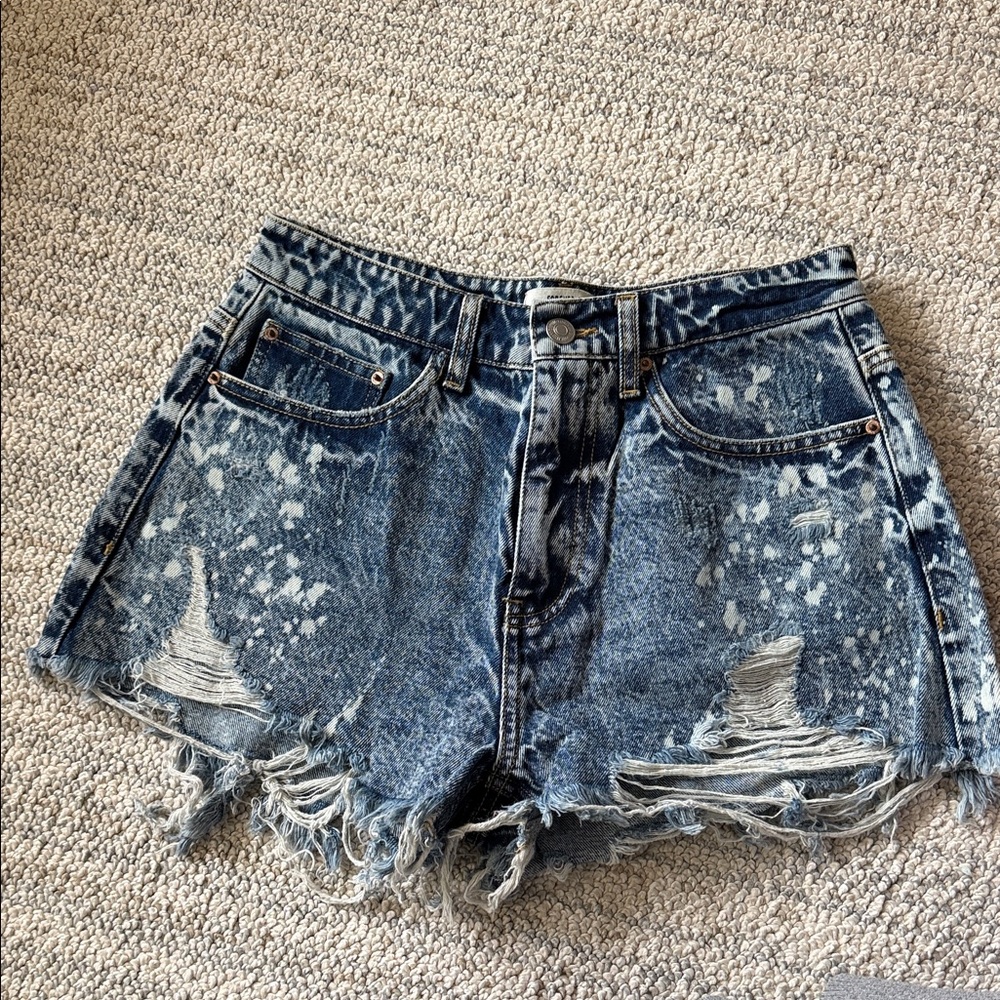 Forever 21 Bleached Distressed High-Waist Denim Shorts - Blue